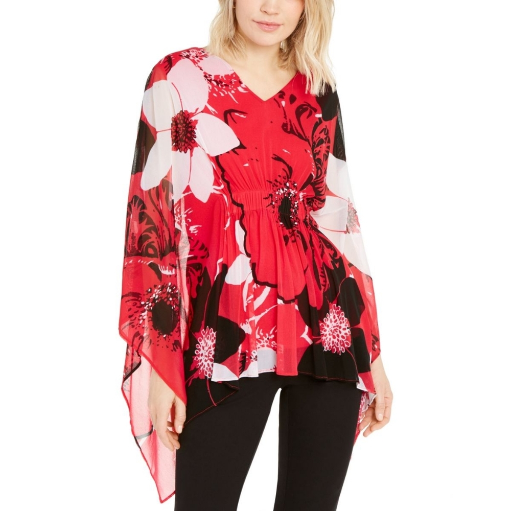 โAlfani Women's Red Floral Print V-Neck Kimono Sleeve Tunic Top, Size M